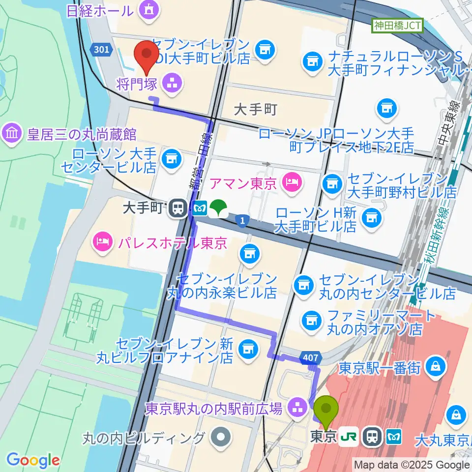 東京駅から大手町三井ホールへのルートマップ地図