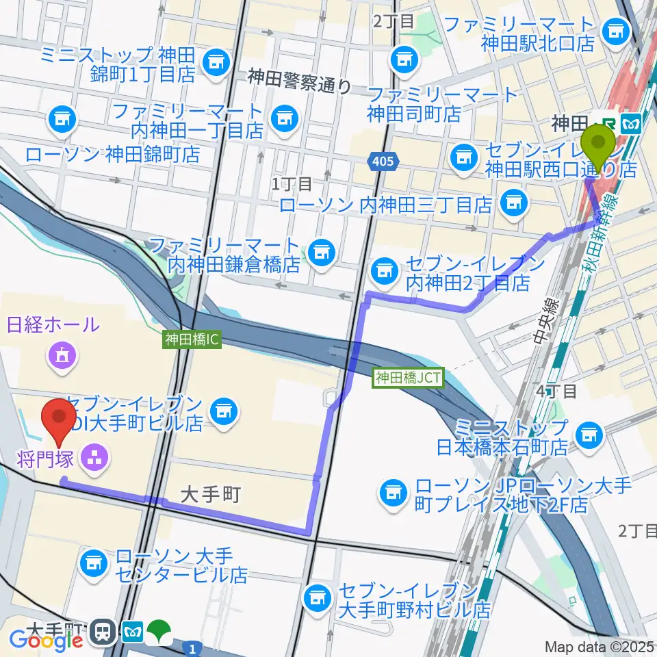 神田駅から大手町三井ホールへのルートマップ地図