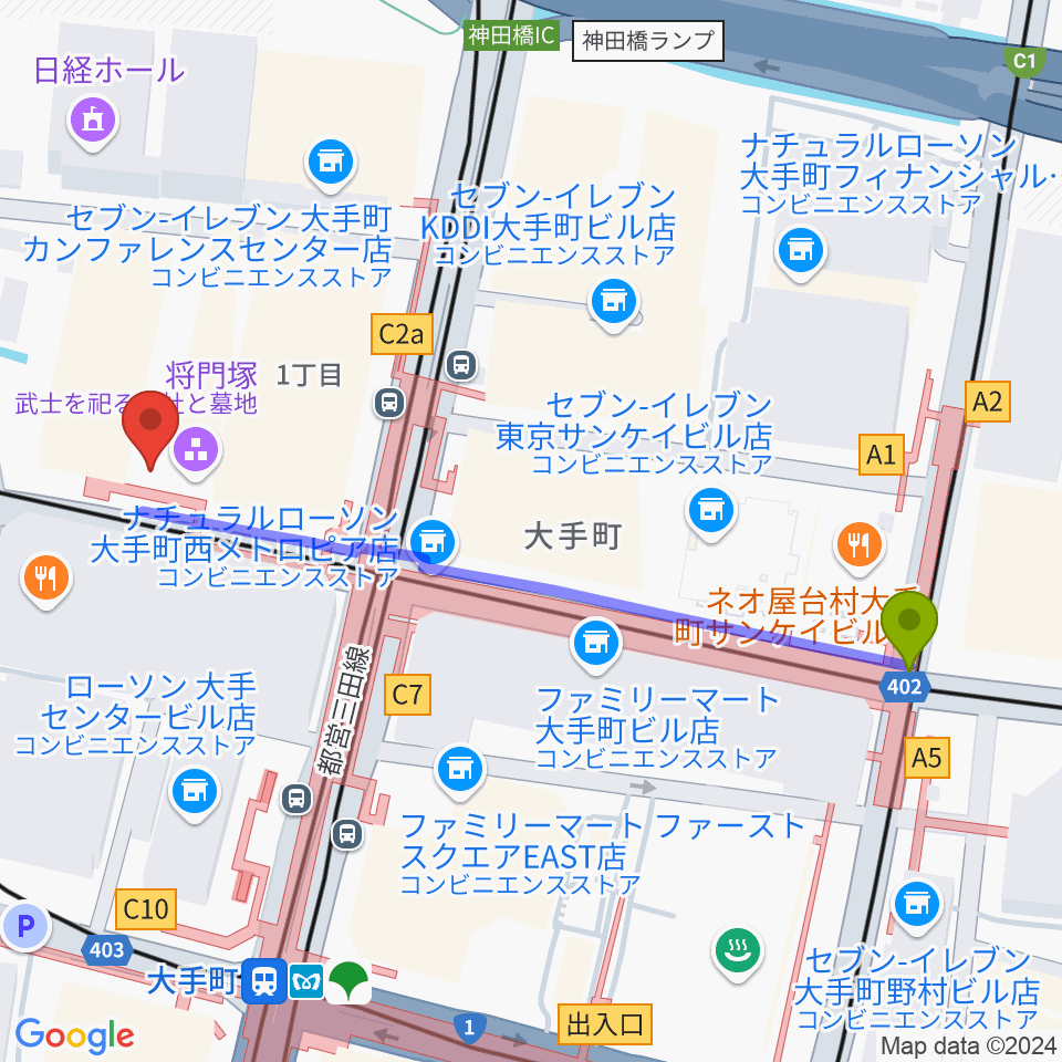 大手町三井ホールの最寄駅大手町駅からの徒歩ルート（約6分）地図