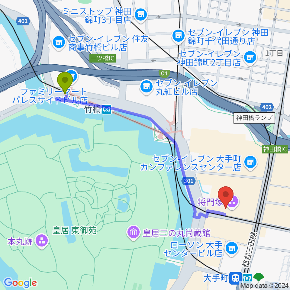 竹橋駅から大手町三井ホールへのルートマップ地図