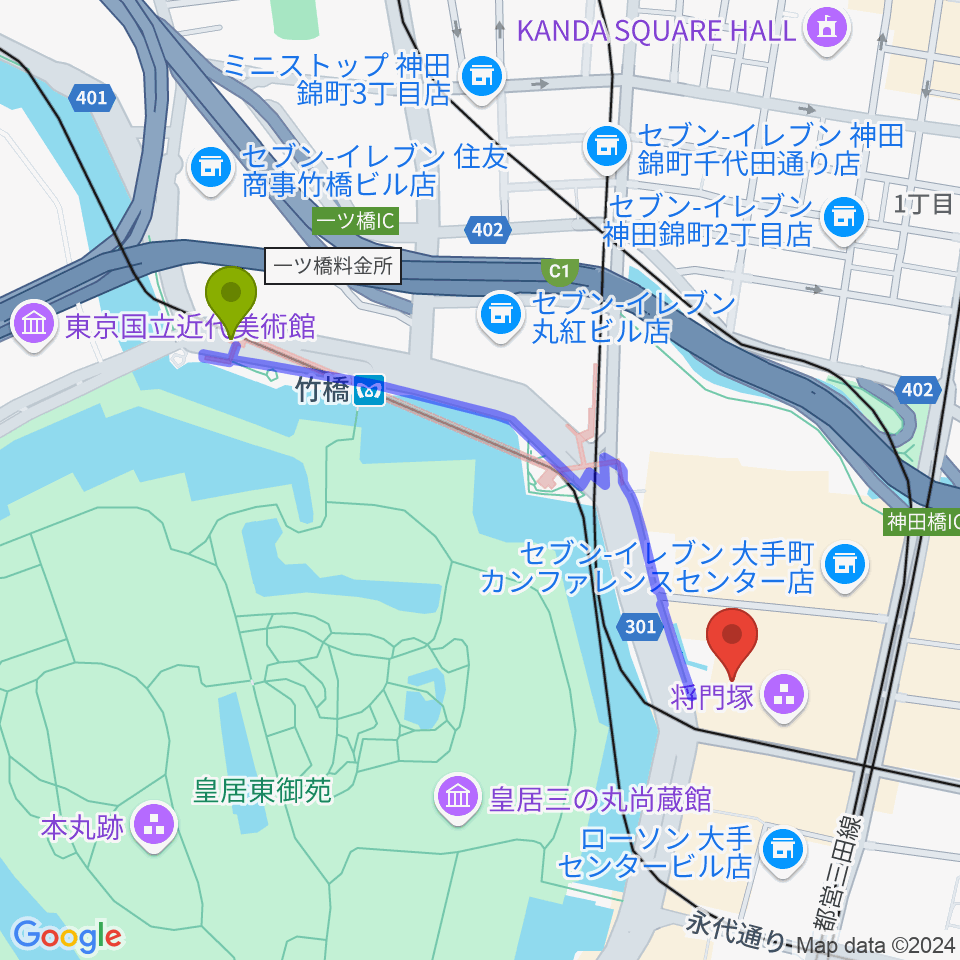 竹橋駅から大手町三井ホールへのルートマップ地図