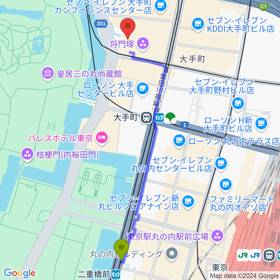 二重橋前駅から大手町三井ホールへのルートマップ地図