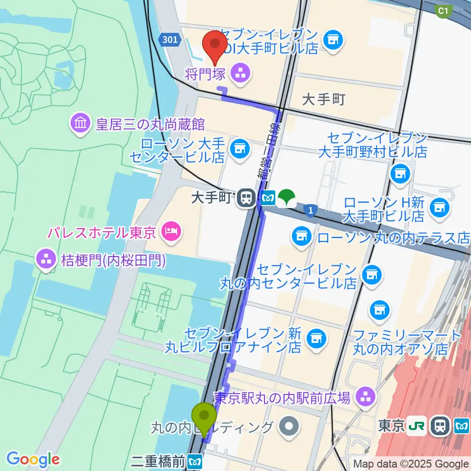 二重橋前駅から大手町三井ホールへのルートマップ地図