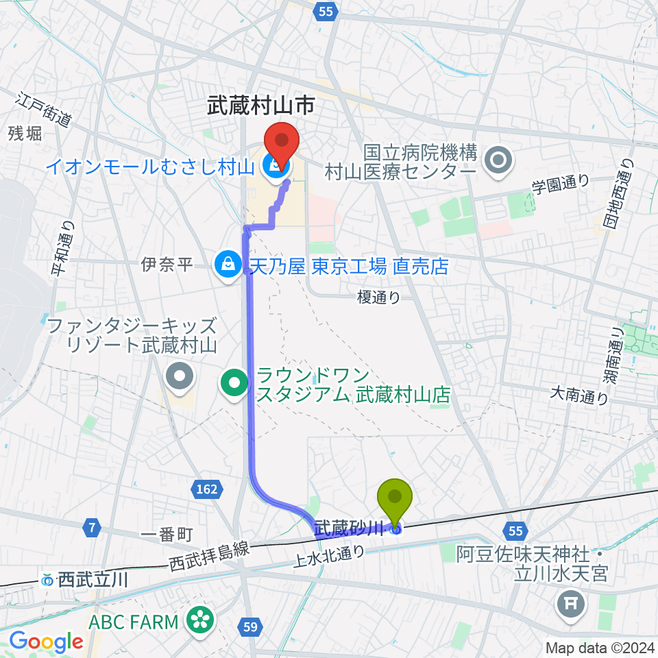 島村楽器 イオンモールむさし村山店の最寄駅武蔵砂川駅からの徒歩ルート（約35分）地図