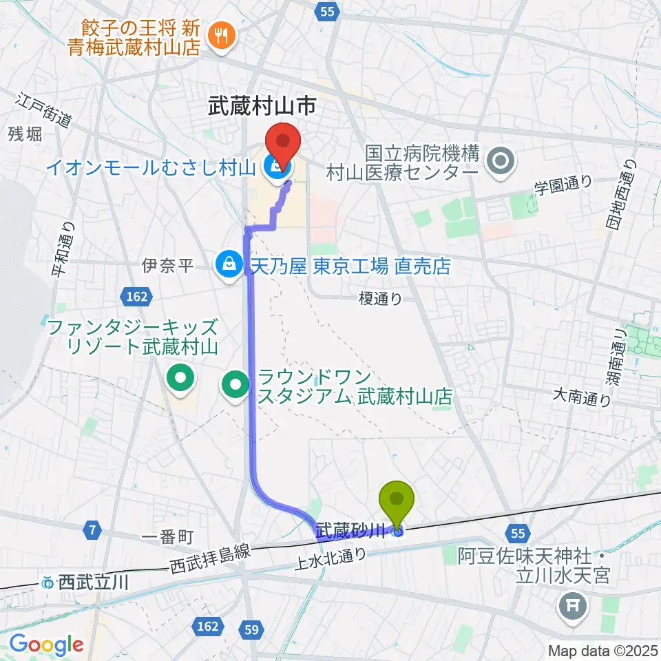 島村楽器 イオンモールむさし村山店の最寄駅武蔵砂川駅からの徒歩ルート（約35分）地図