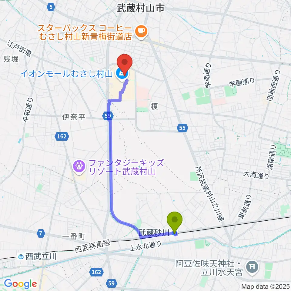 島村楽器 イオンモールむさし村山店の最寄駅武蔵砂川駅からの徒歩ルート（約35分）地図