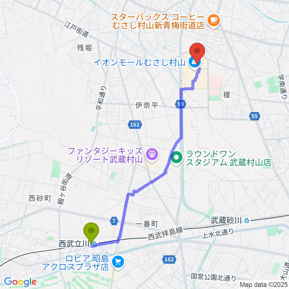 西武立川駅から島村楽器 イオンモールむさし村山店へのルートマップ地図
