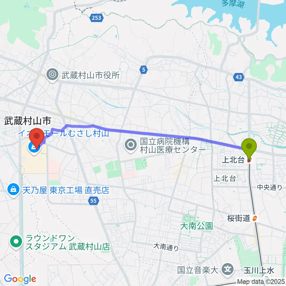 上北台駅から島村楽器 イオンモールむさし村山店へのルートマップ地図