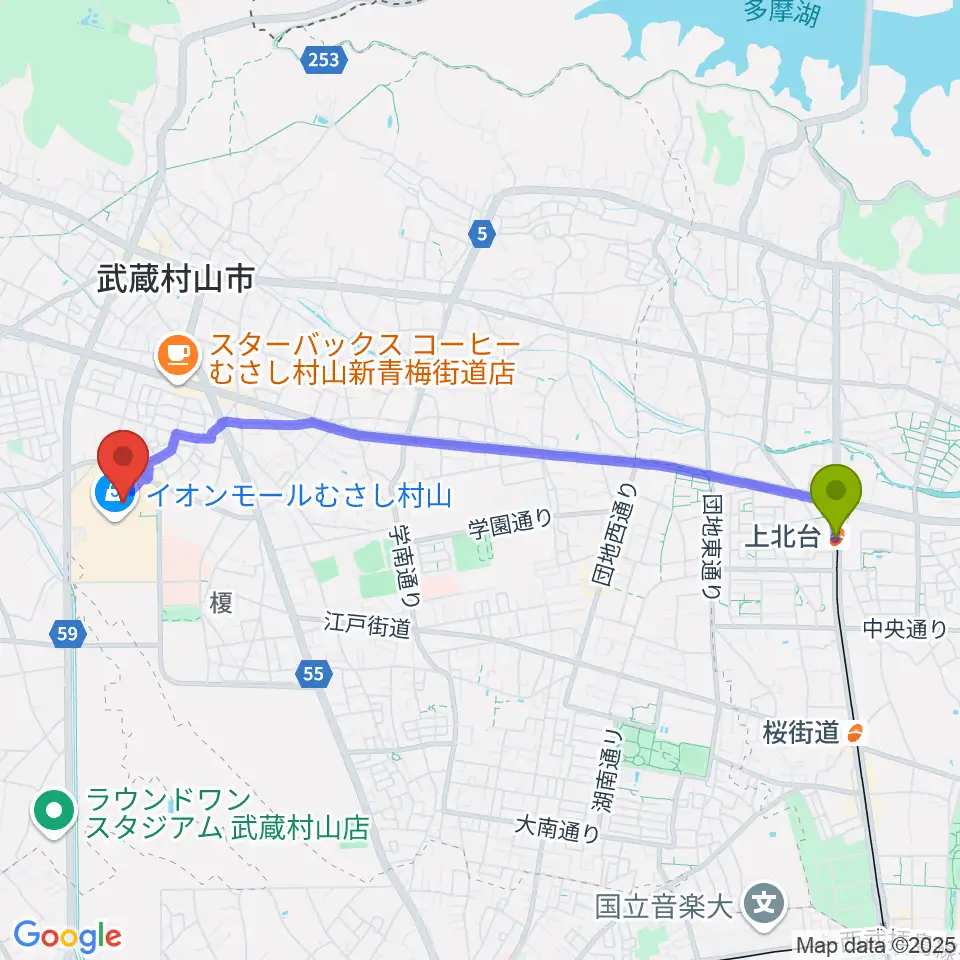 上北台駅から島村楽器 イオンモールむさし村山店へのルートマップ地図