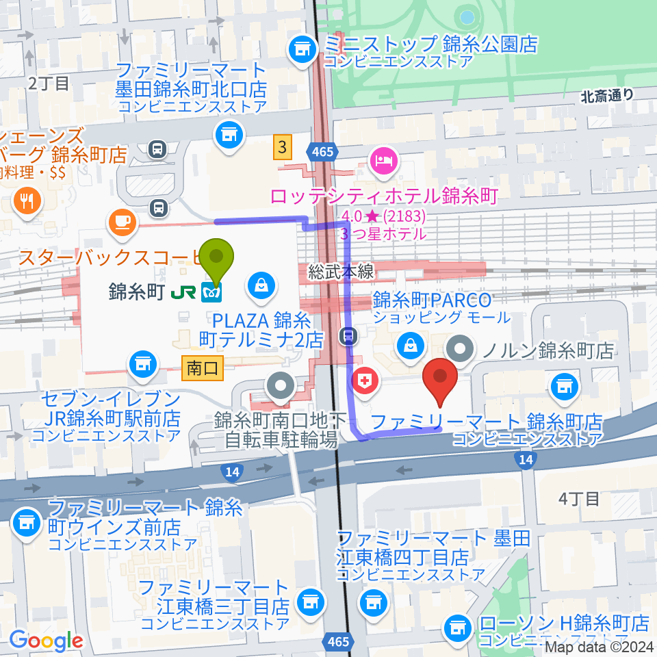 島村楽器 錦糸町パルコ店の最寄駅錦糸町駅からの徒歩ルート（約3分）地図