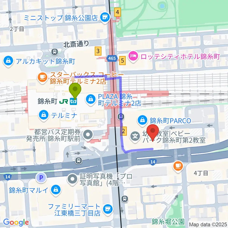 島村楽器 錦糸町パルコ店の最寄駅錦糸町駅からの徒歩ルート（約3分）地図