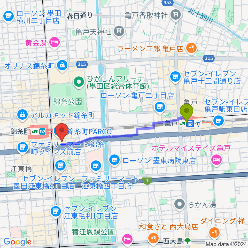 亀戸駅から島村楽器 錦糸町パルコ店へのルートマップ地図