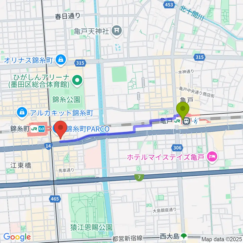 亀戸駅から島村楽器 錦糸町パルコ店へのルートマップ地図