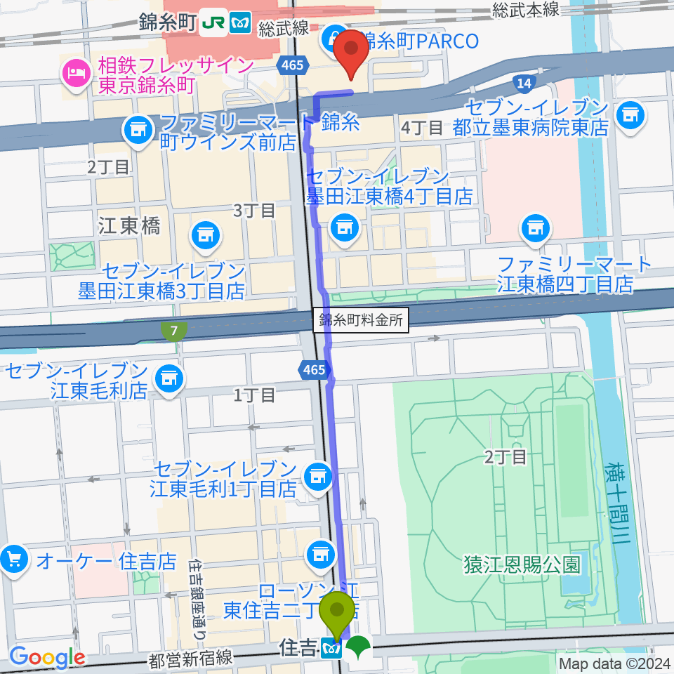 住吉駅から島村楽器 錦糸町パルコ店へのルートマップ地図