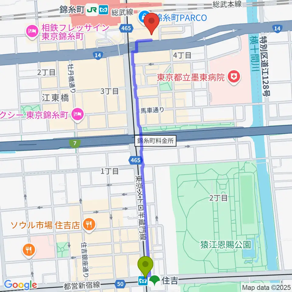 住吉駅から島村楽器 錦糸町パルコ店へのルートマップ地図