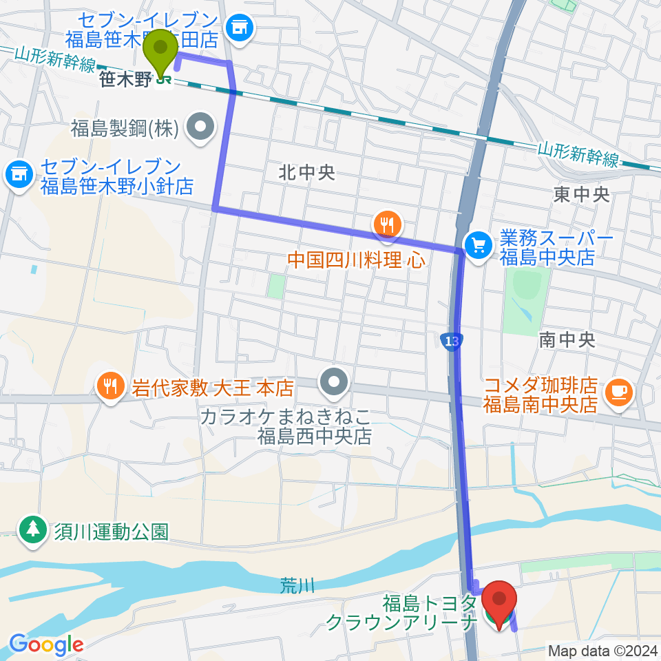 福島トヨタクラウンアリーナの最寄駅笹木野駅からの徒歩ルート（約30分）地図