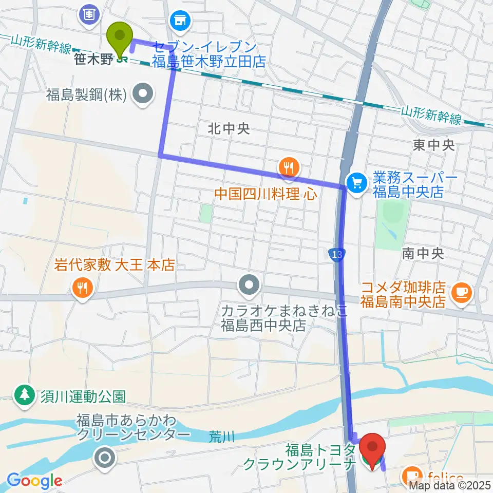 福島トヨタクラウンアリーナの最寄駅笹木野駅からの徒歩ルート（約30分）地図