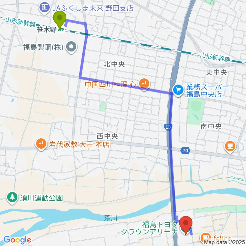 福島トヨタクラウンアリーナの最寄駅笹木野駅からの徒歩ルート（約30分）地図