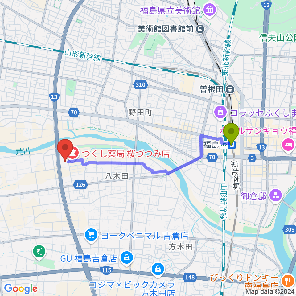 福島駅から福島トヨタクラウンアリーナへのルートマップ地図