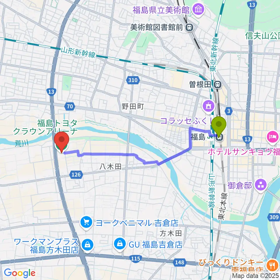 福島駅から福島トヨタクラウンアリーナへのルートマップ地図