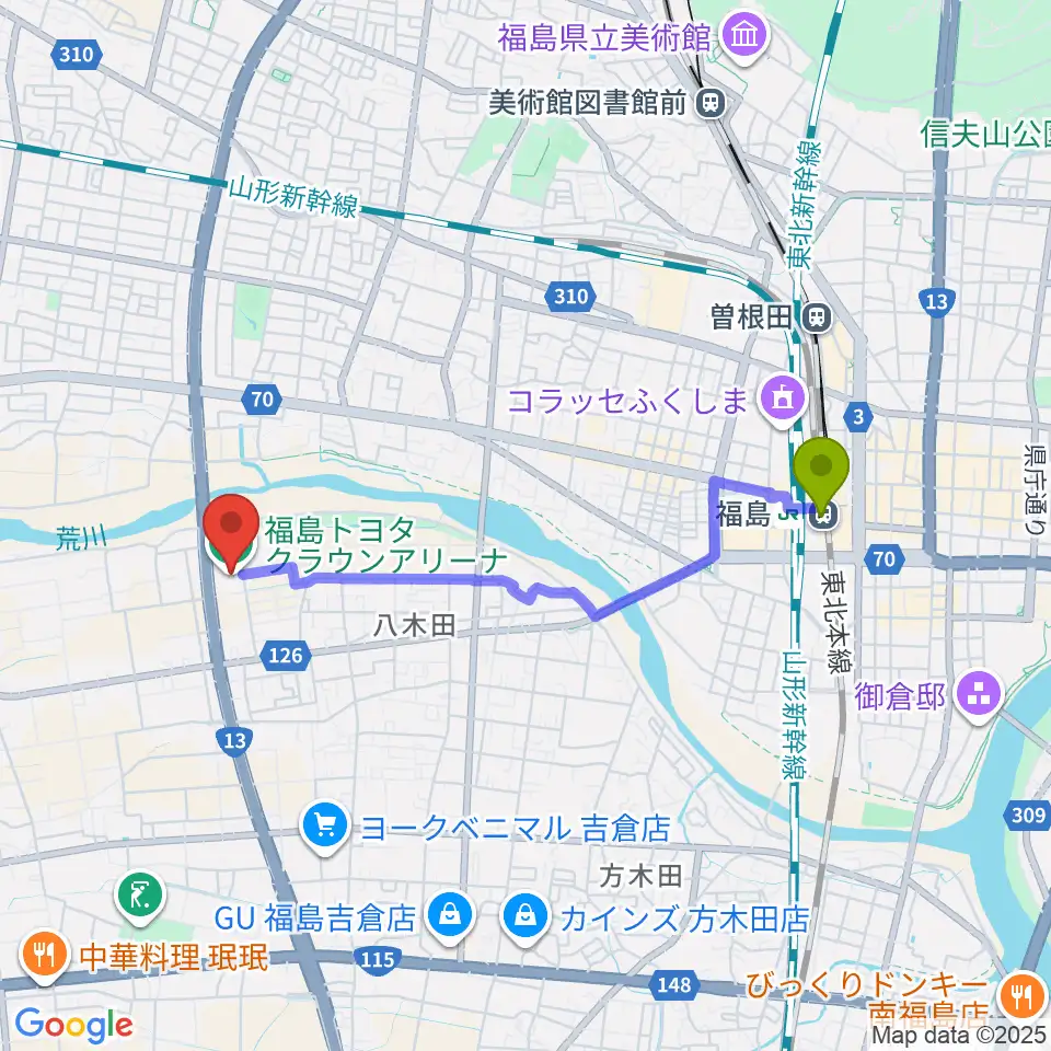 福島駅から福島トヨタクラウンアリーナへのルートマップ地図