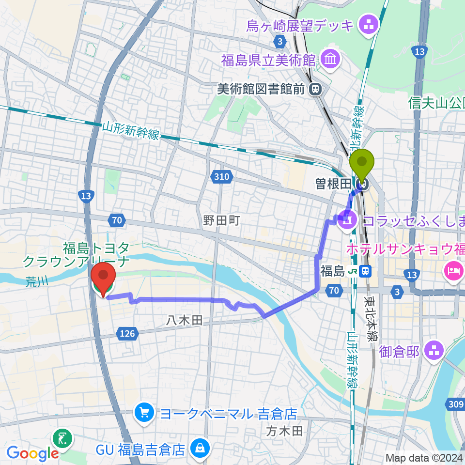 曽根田駅から福島トヨタクラウンアリーナへのルートマップ地図