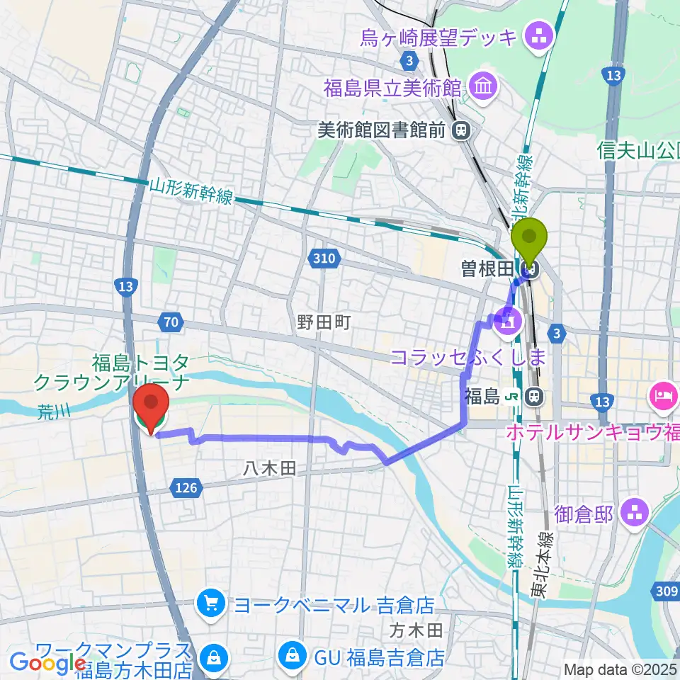 曽根田駅から福島トヨタクラウンアリーナへのルートマップ地図