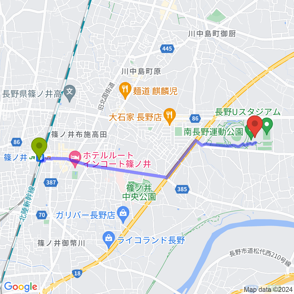 南長野運動公園体育館の最寄駅篠ノ井駅からの徒歩ルート（約45分）地図