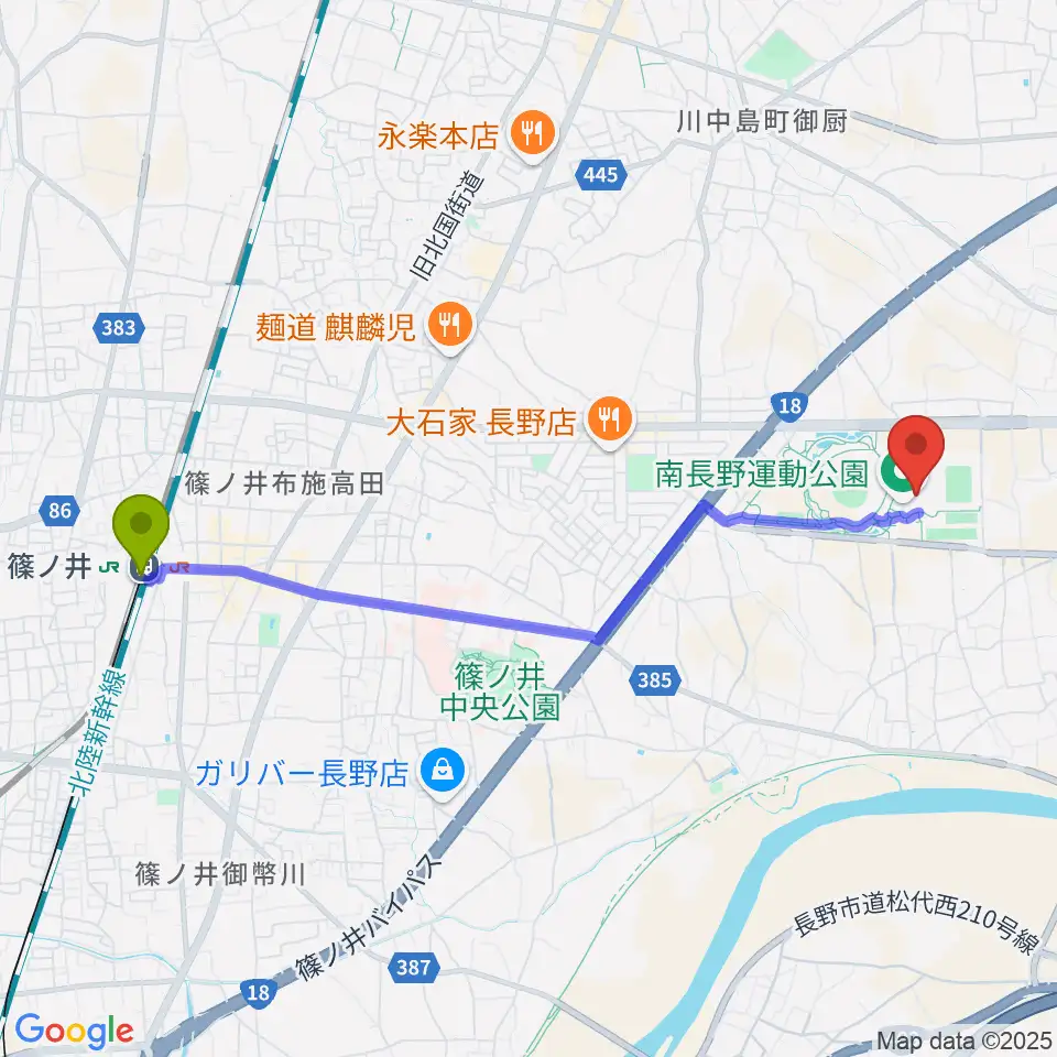 南長野運動公園体育館の最寄駅篠ノ井駅からの徒歩ルート（約45分）地図