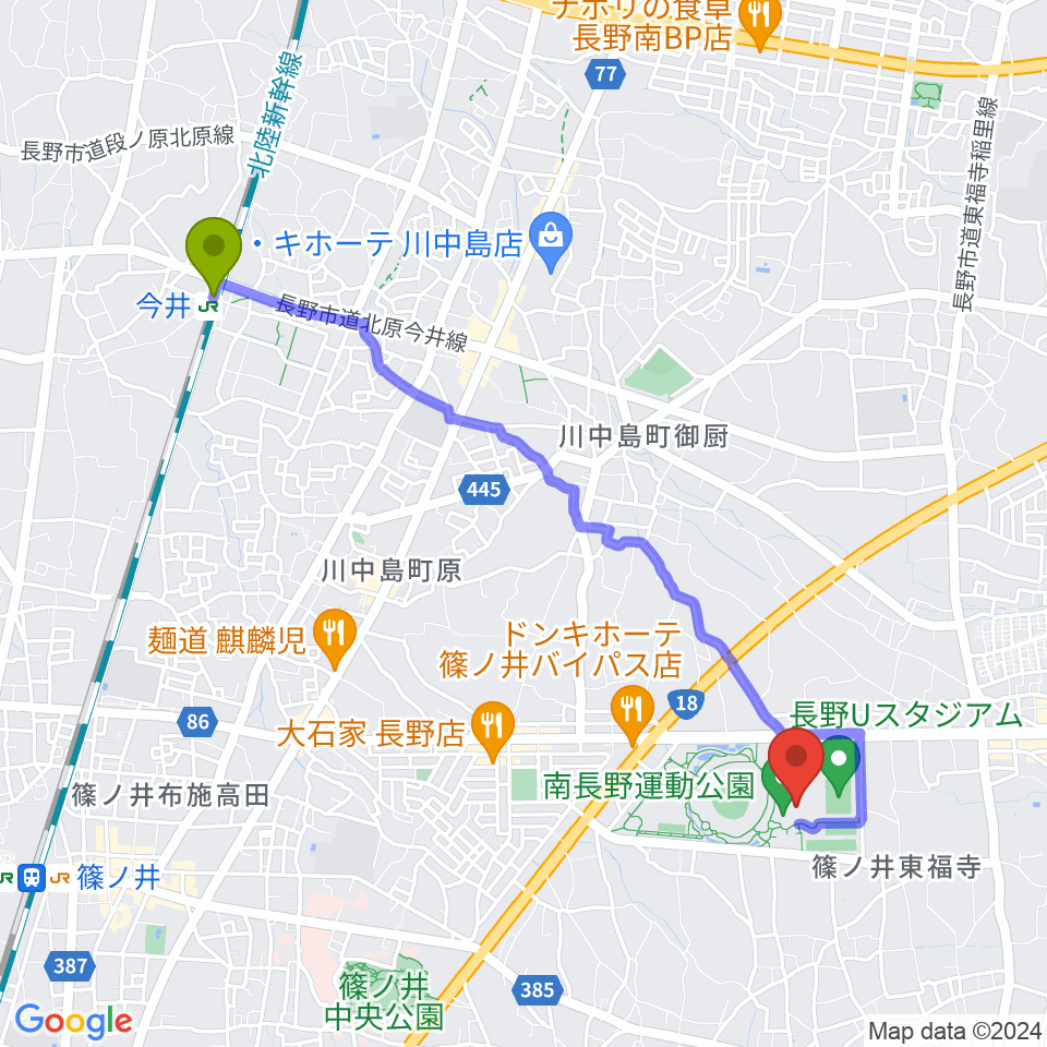 今井駅から南長野運動公園体育館へのルートマップ地図