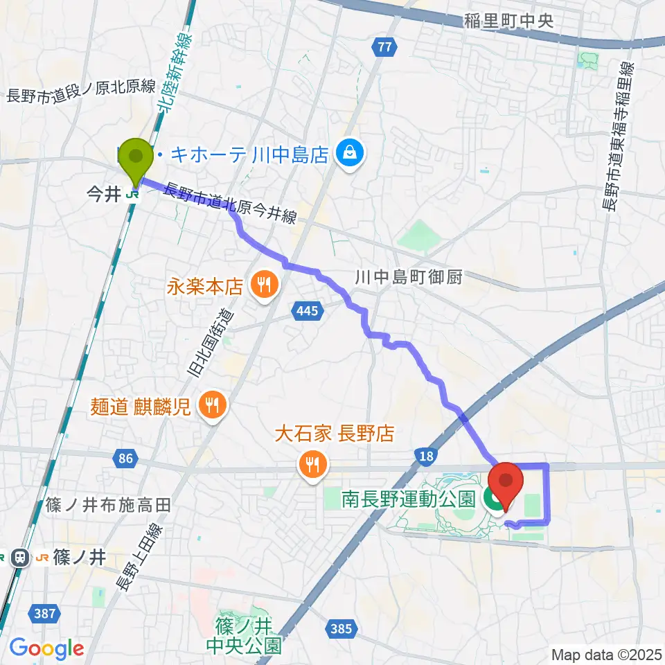 今井駅から南長野運動公園体育館へのルートマップ地図