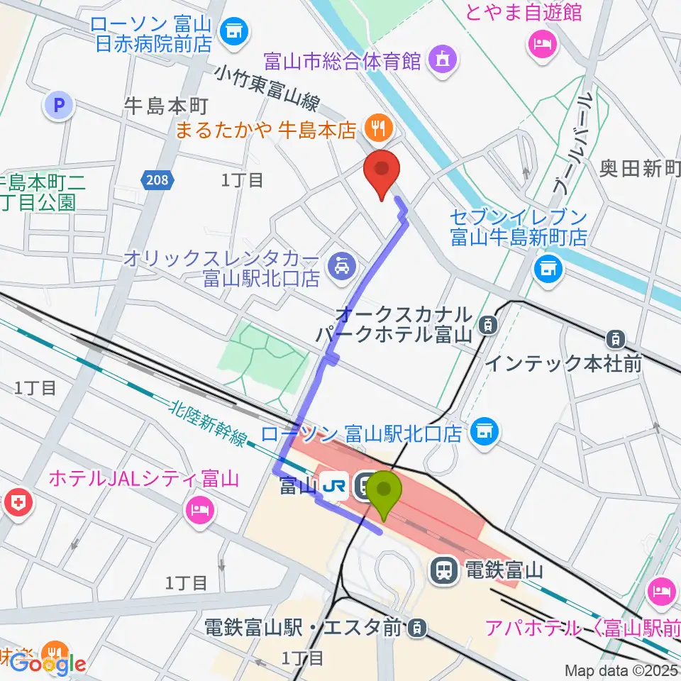 富山駅から県営富山武道館へのルートマップ地図