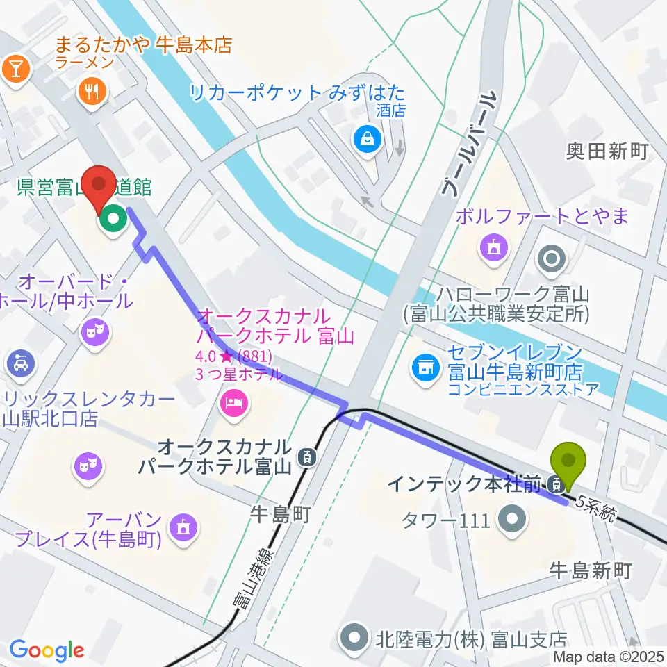 県営富山武道館の最寄駅インテック本社前駅からの徒歩ルート（約6分）地図