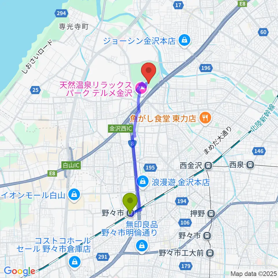 野々市駅から石川県産業展示館4号館へのルートマップ地図