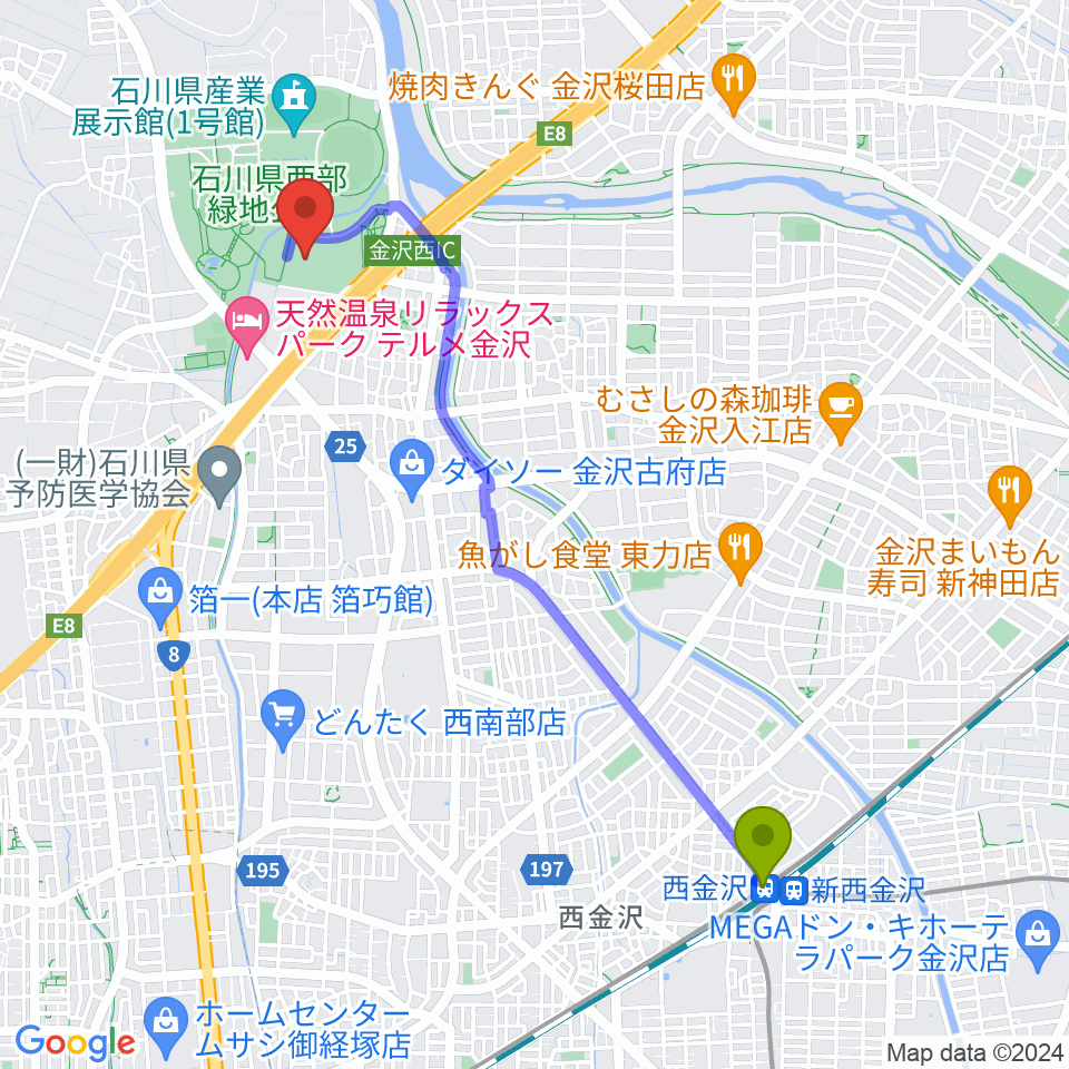 石川県産業展示館4号館の最寄駅西金沢駅からの徒歩ルート（約45分）地図