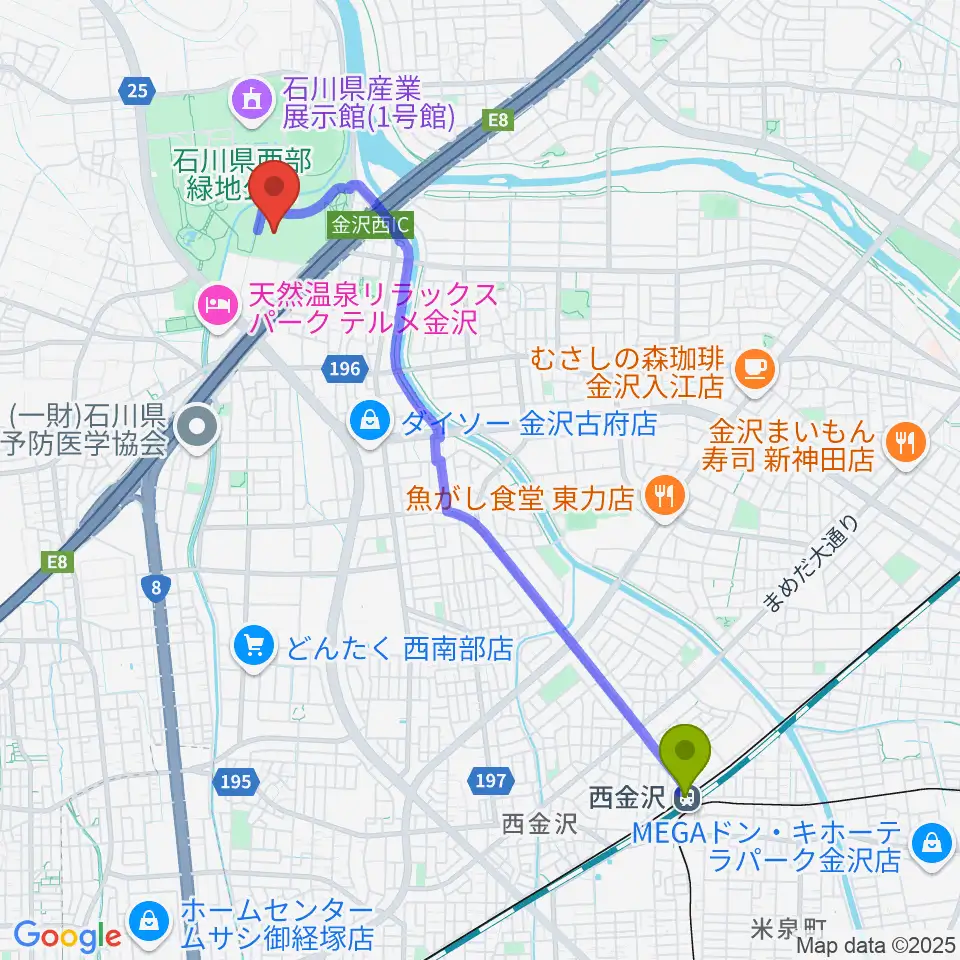 石川県産業展示館4号館の最寄駅西金沢駅からの徒歩ルート（約45分）地図