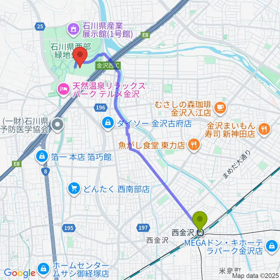 石川県産業展示館4号館の最寄駅西金沢駅からの徒歩ルート（約45分）地図