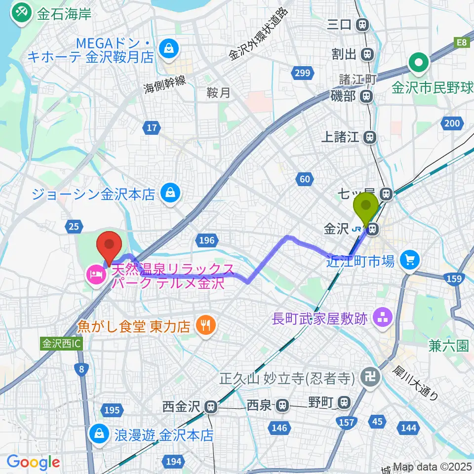 金沢駅から石川県産業展示館4号館へのルートマップ地図