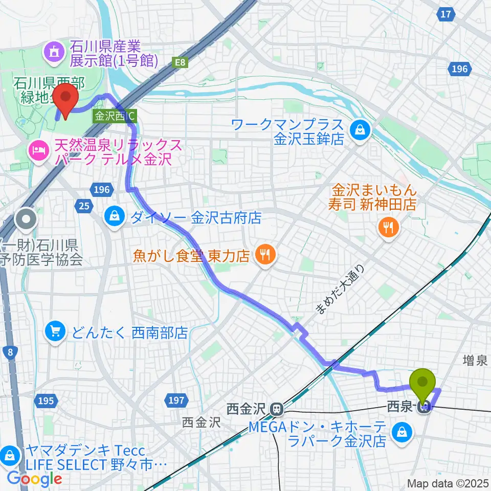 西泉駅から石川県産業展示館4号館へのルートマップ地図