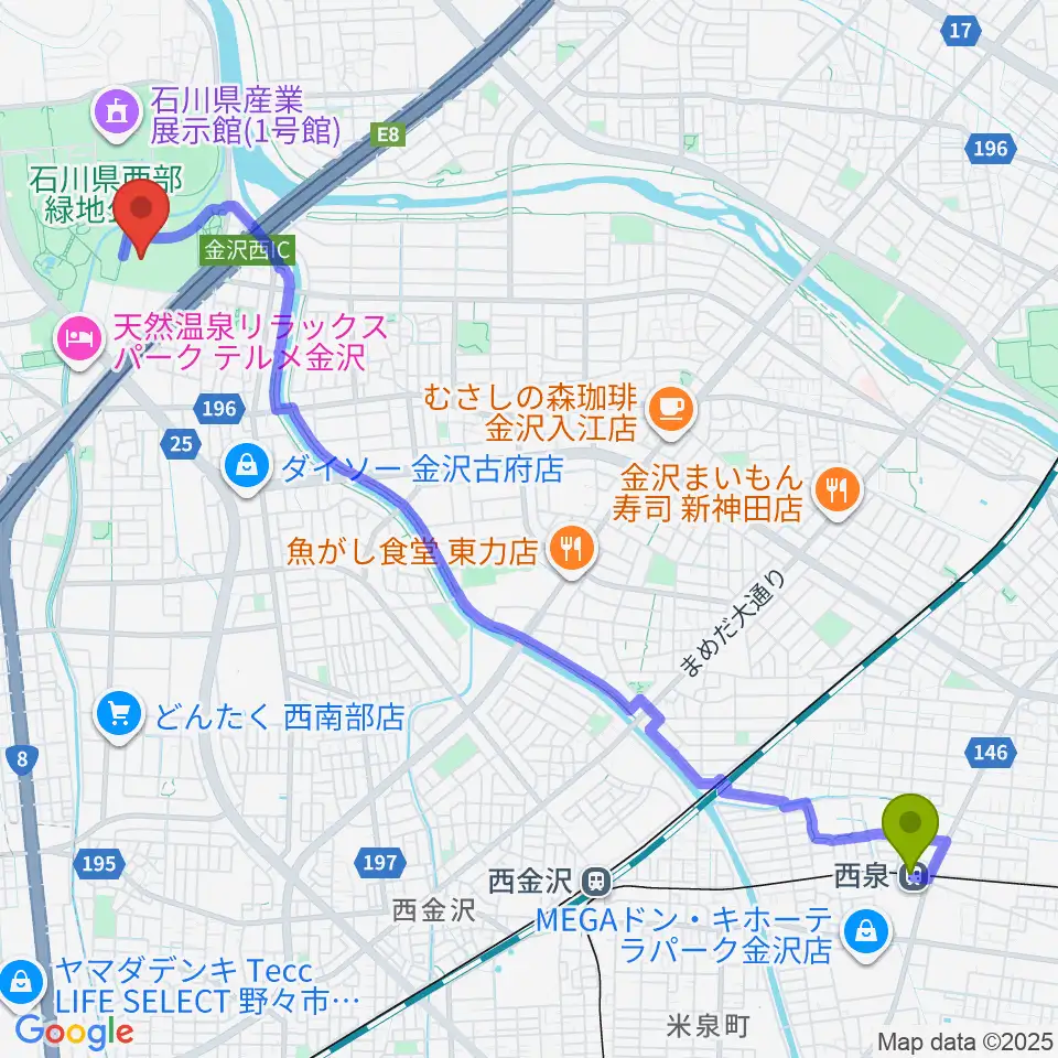 西泉駅から石川県産業展示館4号館へのルートマップ地図
