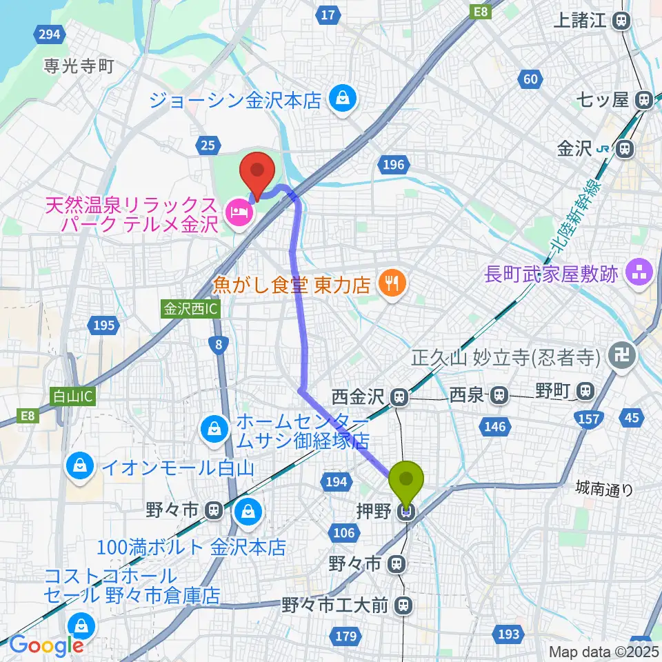 押野駅から石川県産業展示館4号館へのルートマップ地図