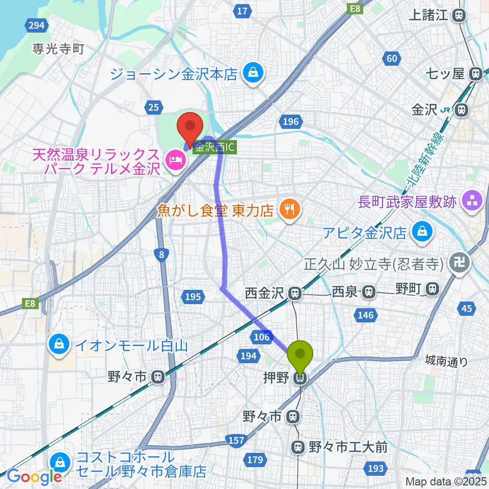 押野駅から石川県産業展示館4号館へのルートマップ地図