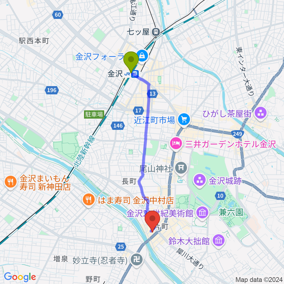 金沢駅から片町ashへのルートマップ地図