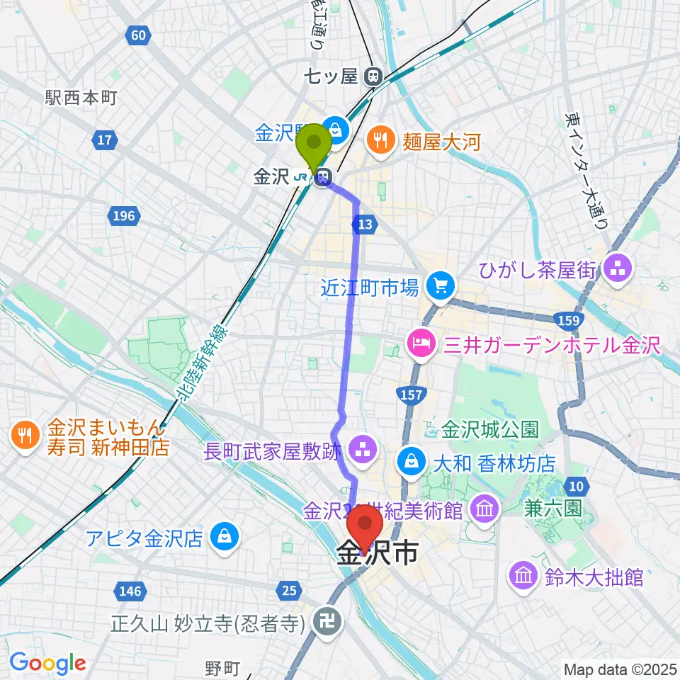 金沢駅から片町ashへのルートマップ地図