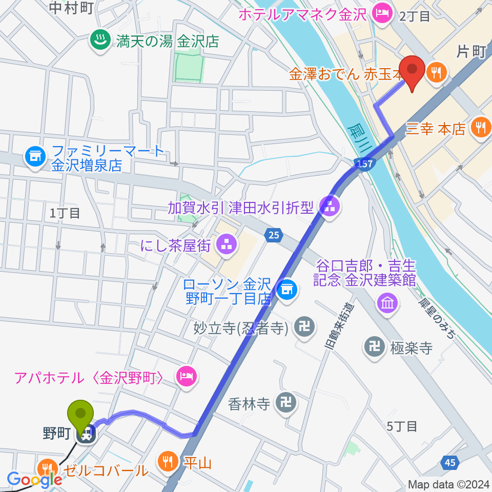 片町ashの最寄駅野町駅からの徒歩ルート（約15分）地図