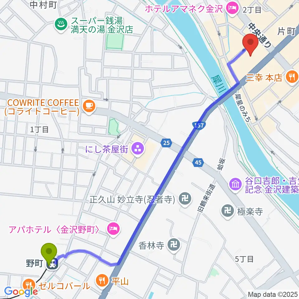 片町ashの最寄駅野町駅からの徒歩ルート（約15分）地図