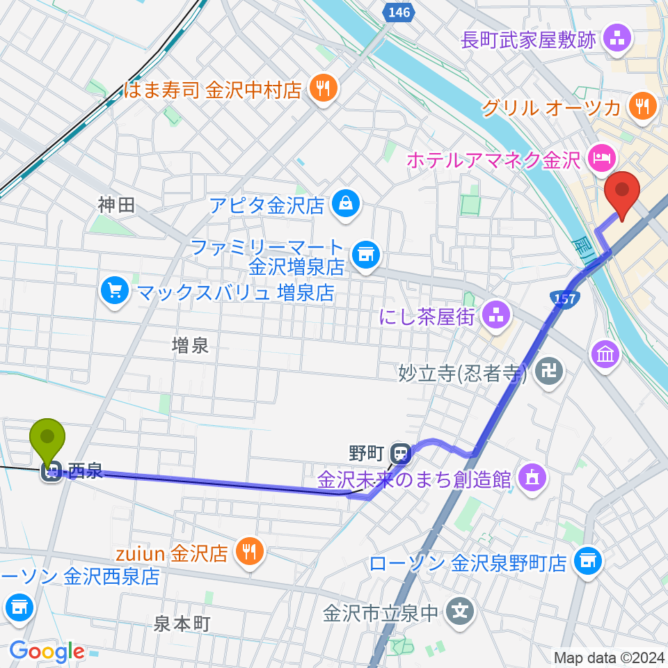 西泉駅から片町ashへのルートマップ地図