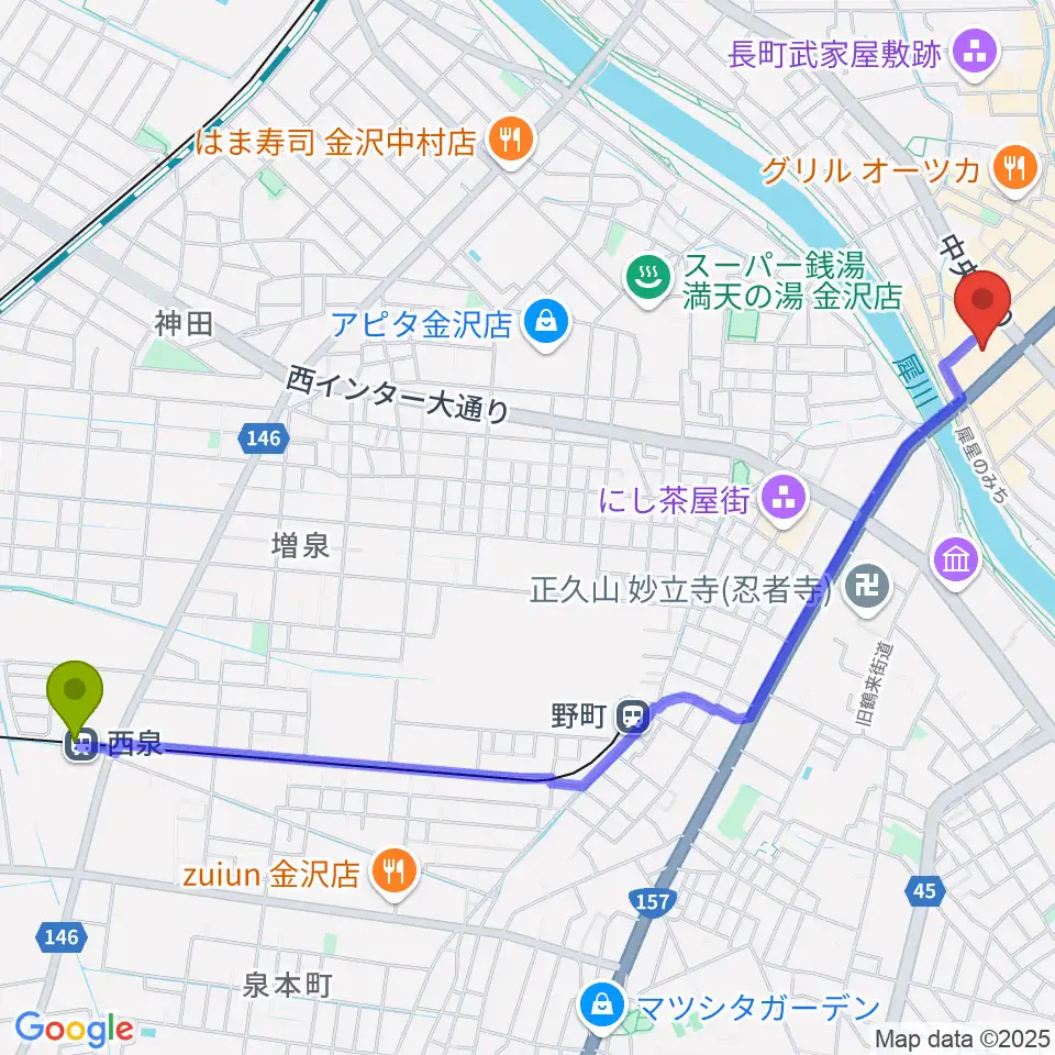 西泉駅から片町ashへのルートマップ地図