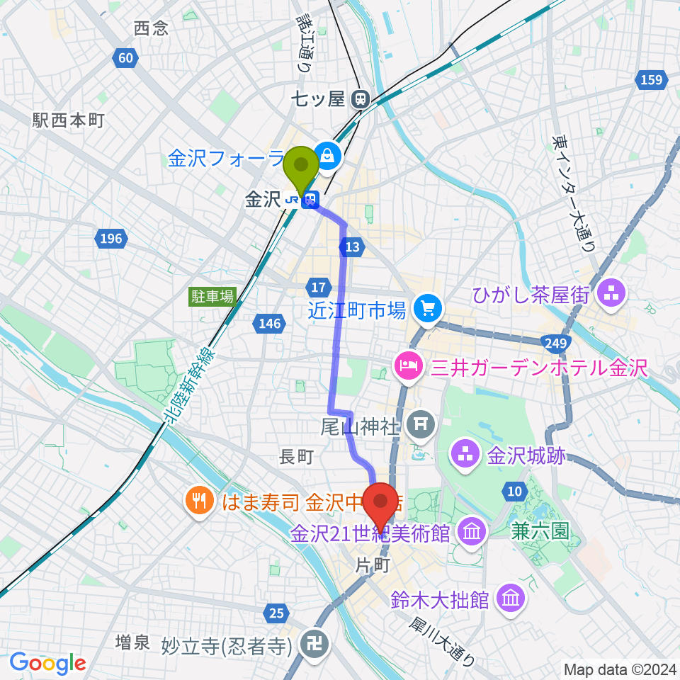 金沢駅から金沢MINSHIAへのルートマップ地図