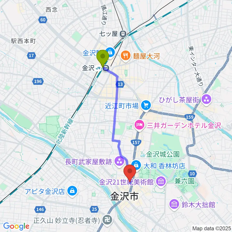 金沢駅から金沢MINSHIAへのルートマップ地図